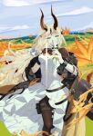 1girl ahoge arknights black_pantyhose dragon_horns dragon_tail dress fire flower green_eyes hair_flower hair_ornament highres holding holding_flower horns long_hair pantyhose reed_(arknights) reed_the_flame_shadow_(arknights) tail thigh_pouch white_dress white_flower zhibai 