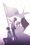  1girl 2boys absurdres awarin bird blood blood_on_clothes blue_scarf boots emma_(yakusoku_no_neverland) flag highres holding holding_flag looking_up multiple_boys neck_tattoo norman_(yakusoku_no_neverland) number_tattoo pants ray_(yakusoku_no_neverland) red_flag robe scarf shirt sitting standing tattoo white_background white_flag white_robe white_shirt yakusoku_no_neverland 