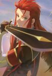  1boy asch_(tales) black_gloves black_jacket blurry blurry_background blurry_foreground closed_mouth clouds cloudy_sky gloves green_eyes hair_pulled_back high_collar highres holding holding_sword holding_weapon jacket long_hair long_sleeves looking_at_viewer male_focus meba military_uniform outdoors redhead serious shoulder_pads sidelocks sky solo spiky_hair sword tabard tales_of_(series) tales_of_the_abyss uniform upper_body weapon 