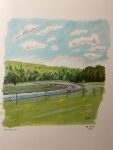  2023 absurdres artist_name clouds english_commentary forest highres jsel92 nature no_humans original outdoors painting_(medium) racetrack real_world_location scenery signature sky traditional_media watkins_glen_international 