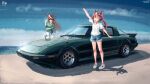  2girls absurdres animal_ears beach blue_shorts blue_sky brown_hair car character_request closed_eyes clouds day denim denim_shorts green_shirt highres horse_ears horse_girl horse_tail long_hair mazda mazda_rx-7 motor_vehicle multicolored_hair multiple_girls outdoors outstretched_arm pants ponytail run_rotary shirt shorts sky standing sunglasses tail umamusume water white_footwear white_hair white_pants white_shirt 