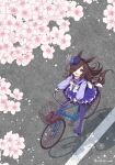  1girl animal_ears bicycle bicycle_basket bow bowtie brown_footwear brown_hair cherry_blossoms hair_over_one_eye hat horse_ears horse_girl horse_tail long_hair long_sleeves looking_up mini_hat mopiwo open_mouth outdoors pink_eyes purple_headwear purple_shirt purple_skirt purple_thighhighs rice_shower_(umamusume) riding riding_bicycle sailor_collar shadow shirt shoes shoes_removed skirt smile solo tail thigh-highs tree twitter_username umamusume 