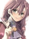  1girl blurry blurry_background brown_hair double-parted_bangs eiyuu_densetsu emma_millstein glasses green_eyes hair_between_eyes holding holding_pen long_hair looking_at_viewer natsusechoco pen portrait sen_no_kiseki simple_background thors_military_academy_class_vii_uniform white_background 