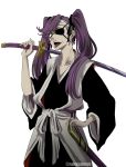  1girl absurdres black_kimono bleach bleach:_the_thousand-year_blood_war collarbone eyepatch headband highres holding holding_sword holding_weapon japanese_clothes katana kimono long_hair looking_at_viewer open_mouth over_shoulder purple_hair rakusakugk saitou_furoufushi sheath shinigami short_sleeves solo sword sword_over_shoulder teeth tongue tongue_out twintails twitter_username upper_teeth_only violet_eyes weapon weapon_over_shoulder white_background white_headband zanpakutou 