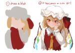 1girl ascot blonde_hair breasts collared_shirt crystal embodiment_of_scarlet_devil english_commentary english_text flandre_scarlet hand_on_own_cheek hand_on_own_face hat hat_ribbon himuhino how_to medium_hair mob_cap one_side_up red_eyes red_ribbon red_vest reddizen_(style) ribbon shirt slit_pupils small_breasts smile touhou vest white_headwear white_shirt wings yellow_ascot