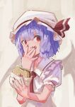  1girl :t absurdres bat_wings burger collared_shirt covering_mouth eating food frilled_shirt_collar frilled_sleeves frills hat hat_ribbon highres looking_at_viewer mob_cap nepperoni puffy_short_sleeves puffy_sleeves purple_hair red_eyes red_nails remilia_scarlet ribbon shirt short_hair short_sleeves touhou upper_body white_headwear white_shirt wings 