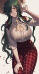  1girl 50x48x48 ascot asymmetrical_bangs breasts collared_shirt flower green_hair hat highres kazami_yuuka large_breasts long_hair long_skirt long_sleeves one_eye_covered plaid plaid_skirt plaid_vest red_eyes red_skirt red_vest shirt skirt skirt_set smile solo straw_hat sunflower touhou vest white_shirt yellow_ascot 