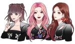  3girls animification black_jacket black_shirt blue_bow bow bow_earrings brown_hair chinese_commentary collarbone double_bun earrings hair_bun jacket jewelry jini_(singer) k-pop lily_(nmixx) long_hair looking_at_viewer luguo_de_a_zhan multiple_girls multiple_rings nmixx open_mouth parted_lips pink_bow pink_hair real_life red_bow ring shirt short_hair simple_background smile sullyoon_(nmixx) v white_background 