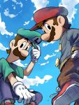  2boys alternate_costume blue_overalls blue_sky brothers brown_hair brown_pants clouds facial_hair from_below gloves gold_necklace green_headwear hand_in_pocket hat highres jewelry looking_at_viewer looking_down luigi male_focus mario mario_&amp;_luigi_rpg masanori_sato_(style) multiple_boys mustache necklace outdoors overalls pants red_footwear red_headwear shoes short_hair short_sleeves siblings sky super_mario_bros. white_gloves ya_mari_6363 