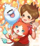  1boy amano_keita belt blush brown_eyes brown_hair brown_pants cat ghost hazhazhazn highres jibanyan looking_at_viewer open_mouth pants red_shirt shirt short_hair short_sleeves watch whisper_(youkai_watch) youkai_watch youkai_watch_(object) 