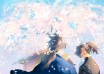  2boys :d ^_^ black_hair black_jacket blue_jacket cherry_blossoms closed_eyes commentary day facial_hair facing_another facing_away facing_to_the_side falling_petals fate/grand_order fate_(series) flower gloves hair_over_one_eye hand_up haori highres jacket japanese_clothes long_hair low_ponytail male_focus multiple_boys okada_izou_(fate) petals pink_flower pirohi_(pirohi214) ponytail sakamoto_ryouma_(fate) smile stubble symbol-only_commentary teeth tree upper_body upper_teeth_only white_gloves 