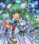  1girl :d blue_background blue_trim capelet cowboy_shot dress embellished_costume flower frilled_dress frills fur_collar green_eyes green_hair hair_flower hair_ornament hatsune_miku leaf lily_of_the_valley long_hair long_sleeves looking_at_viewer marker_(medium) open_mouth rowan rui_(sugar3) sample_watermark smile snowflake_print snowflakes solo standing traditional_media twintails vocaloid white_capelet white_dress white_flower wide_sleeves yuki_miku yuki_miku_(2015) 