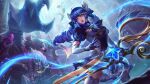  1boy 2girls absurdres amekoi blue_bow blue_bowtie blue_hair blue_shirt blurry blurry_background bow bowtie breasts character_request cowboy_shot drill_hair elbow_gloves fiddlesticks frilled_skirt frills gem giant_hand gloves gwen_(league_of_legends) hair_ornament highres holding holding_scissors holding_scythe large_breasts league_of_legends magic multiple_girls official_alternate_costume oversized_object puffy_short_sleeves puffy_sleeves red_lips scissors scythe shirt short_sleeves skirt solo_focus standing star_(symbol) star_guardian_gwen star_hair_ornament star_nemesis_fiddlesticks thigh-highs twin_drills twintails white_gloves 