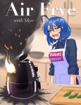  1girl ahoge air_fryer apron black_shirt blue_hair blurry blush chili_pepper closed_eyes collared_shirt crying depth_of_field english_commentary english_text fire hair_between_eyes hcnone highres jalapeno_pepper kitchen meme_attire original print_apron shirt short_hair skye_(hcnone) sleeves_rolled_up smoke snot solo sugoi_dekai upper_body white_apron 