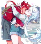  2girls backpack bag bai_xin blurry blurry_background car closed_eyes cool_(gundam_suisei_no_majo) couple day earrings english_text gundam gundam_suisei_no_majo hair_ornament hairband hairclip happy heart highres hug jacket jewelry keychain light_blush long_hair miorine_rembran motor_vehicle multiple_girls nail_polish open_mouth outdoors photo_background redhead road shorts skirt smile street suletta_mercury teeth upper_teeth_only very_long_hair white_hair yuri 