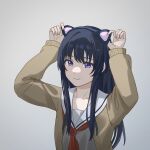  1girl animal_ears arms_up black_gloves black_hair brown_cardigan cardigan cat_ears closed_mouth collarbone commentary_request fake_animal_ears gloves grey_background grey_shirt highres koe_no_katachi lcwe long_hair long_sleeves looking_at_viewer neckerchief open_cardigan open_clothes puffy_long_sleeves puffy_sleeves red_neckerchief sailor_collar school_uniform serafuku shirt simple_background sleeves_past_wrists smile solo ueno_naoka upper_body very_long_hair violet_eyes white_sailor_collar 