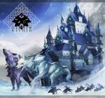  blue_cape building cape chain clouds day flag highres howling kihato mountainous_horizon open_mouth outdoors pixiv_fantasia pixiv_fantasia_last_saga polearm riding riding_animal snow spear tower weapon wolf 