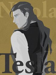  1boy absurdres black_hair blue_eyes character_name fate/grand_order fate_(series) gunojigunoji hair_slicked_back highres long_hair long_sleeves nikola_tesla_(fate) profile shirt simple_background solo upper_body waistcoat white_shirt yellow_background 