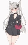  1girl alternate_costume amatsukaze_(kancolle) bag black_choker black_dress black_hairband blush brown_eyes buttons chigasaki_yukari choker commentary_request cowboy_shot double-breasted dress grey_hair hairband highres kantai_collection long_hair long_sleeves looking_at_viewer short_dress simple_background solo standing two_side_up white_background 