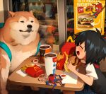 1girl :d absurdres ad animal backpack bag black_hair black_shirt blush burger cheemsburger_(doge) closed_eyes closed_mouth coca-cola cup disposable_cup dog doge drink eating food french_fries from_side happy happy_meal highres holding holding_food indoors khyle. marvel mcdonald&#039;s night peni_parker poster_(object) rain revision shirt smile soda sp//dr spider-ham spider-man:_into_the_spider-verse spider-man_(series) table toy white_shirt window 