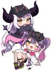  2girls :d absurdres asymmetrical_footwear baseball_cap bibi_(tokoyami_towa) blush boots chibi coat demon_girl demon_tail ear_piercing fang full_body green_eyes grey_hair hat heart heart-shaped_pupils highres hololive horns jacket la+_darknesss la+_darknesss_(1st_costume) long_hair long_sleeves mashiro_io mismatched_footwear multiple_girls one_eye_closed open_mouth piercing pointy_ears purple_hair purple_thighhighs simple_background single_fishnet_legwear single_thighhigh skin_fang sleeves_past_fingers sleeves_past_wrists smile striped_horns symbol-shaped_pupils tail thigh-highs tokoyami_towa tokoyami_towa_(1st_costume) twintails virtual_youtuber white_background white_jacket yellow_eyes 