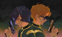  2boys black_background blonde_hair blunt_ends brown_eyes char_aznable chinese_commentary closed_mouth commission finger_on_trigger from_side garma_zabi gradient_background green_background green_jacket gun gundam handgun high_collar highres holding holding_gun holding_weapon icecoldblackfuel jacket long_sleeves male_focus mobile_suit_gundam_the_origin multiple_boys parted_lips pink_background purple-tinted_eyewear purple_hair second-party_source short_hair simple_background sunglasses tinted_eyewear walther walther_ppk weapon 