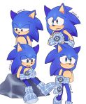  1boy artist_request blue_fur closed_mouth furry furry_male grabbing_own_arm green_eyes hand_on_own_arm highres open_mouth sonic_(series) sonic_prime sonic_the_hedgehog twitter_username 
