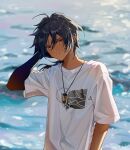  1boy absurdres arknights arm_behind_head black_hair dark-skinned_male dark_skin earclip earrings fenglansishui gradient_skin hand_up highres jewelry long_hair looking_at_viewer male_focus necklace orange_eyes outdoors shirt solo t-shirt thorns_(arknights) upper_body water white_shirt 