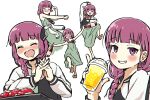  1girl alcohol blush bocchi_the_rock! bottle braid braided_ponytail closed_eyes cup dancing disposable_cup dress drinking_straw drunk earrings food green_dress hiroi_kikuri holding holding_bottle jacket jewelry long_hair long_sleeves looking_at_viewer own_hands_together purple_hair simple_background solo standing standing_on_one_leg sushi torako_(toramaru) violet_eyes white_background 