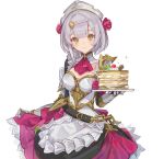  1girl absurdres apron armor armored_dress blunt_bangs blush braid braided_bangs breastplate cake flower food gauntlets genshin_impact green_eyes grey_hair hair_between_eyes highres looking_at_viewer maid_apron miermere noelle_(genshin_impact) pink_flower pink_rose rose short_hair shoulder_armor simple_background solo waist_apron white_apron white_background 