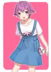  1girl ahoge bag blue_skirt brown_eyes commentary_request feet_out_of_frame kantai_collection looking_at_viewer mitsuyo_(mituyo324) pink_background purple_hair sakawa_(kancolle) shirt short_hair skirt smile solo suspender_skirt suspenders white_shirt 