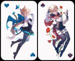  1boy 1girl absurdres animal_ear_fluff animal_ears asymmetrical_bangs back_bow black_cape black_gloves blue_bow blue_butterfly boots bow brother_and_sister bug butterfly cape card cat_ears cat_girl cat_tail eksi_(kriixx) facial_mark frilled_leotard frills genshin_impact gloves grey_pantyhose highres holding holding_card huge_bow leotard long_hair lynette_(genshin_impact) lyney_(genshin_impact) pantyhose playing_card ponytail siblings star_(symbol) star_facial_mark tail teardrop_tattoo twins two-tone_gloves 