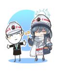  1boy 1girl arona&#039;s_sensei_doodle_(blue_archive) blue_archive blue_armband chibi halo hardhat helmet minori_(blue_archive) necktie omo_(h98013114) scarf sensei_(blue_archive) suit thumbs_up white_helmet white_scarf 