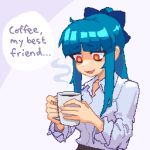  1girl aqua_hair blue_bow bow coffee_mug collared_shirt cup endless_monday:_dreams_and_deadlines english_commentary english_text hair_bow hcnone holding holding_cup long_sleeves mug office_lady open_collar open_mouth orange_eyes original penny_(hcnone) pixel_art ponytail shirt sidelocks simple_background smile solo upper_body white_shirt 