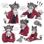  ! !! ... 1boy ace_attorney animal_ears animal_nose animalization ascot body_fur cat cat_boy cat_ears cat_tail closed_eyes closed_mouth commentary crossed_arms english_commentary faintsuns furrification furry furry_male grey_eyes grey_fur grey_hair highres long_sleeves looking_at_viewer male_focus miles_edgeworth multiple_views pants pawpads red_pants red_suit simple_background sitting snout speech_bubble spoken_ellipsis suit tail white_background 