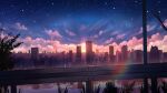  building city city_lights cityscape clouds commentary guard_rail highres meteor_shower no_humans original outdoors pasoputi plant reflection scenery silhouette sky skyline skyscraper star_(sky) starry_sky sunset twilight 