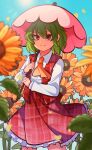  1girl 1jumangoku ascot buttons collared_shirt cowboy_shot field flower flower_field frilled_skirt frills green_hair hair_between_eyes highres holding holding_umbrella kazami_yuuka long_sleeves open_clothes open_vest outdoors petals plaid plaid_skirt plaid_vest red_eyes red_skirt red_vest shirt short_hair skirt skirt_set smile solo standing sun sunflower touhou umbrella vest white_shirt yellow_ascot 