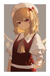  1girl :i absurdres blonde_hair border braid clynxen collared_shirt fingers flandre_scarlet grey_background highres looking_at_viewer medium_hair puffy_short_sleeves puffy_sleeves red_eyes red_vest shirt short_sleeves solo touhou vest white_border white_headwear white_shirt 