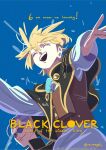  2boys :d artist_request black_capelet black_clover:_sword_of_the_wizard_king blonde_hair blue_sky capelet closed_eyes countdown feet_out_of_frame from_below happy highres language_request looking_at_another luck_voltia magna_swing male_focus multiple_boys official_art outstretched_arms short_hair sky smile spread_arms sunglasses unfinished 