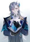  1boy absurdres ascot asymmetrical_bangs black_gloves blue_coat blue_hair book coat genshin_impact gloves grey_hair hand_on_own_chest highres long_hair maizhisang male_focus multicolored_hair neuvillette_(genshin_impact) simple_background solo streaked_hair violet_eyes white_ascot white_background 