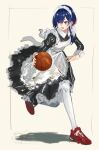  1girl alternate_costume apron ball basketball basketball_(object) black_dress blue_eyes blue_hair brown_background collared_dress commentary diamond_earrings dress earrings enmaided foot_up frilled_dress frills full_body highres holding holding_ball isshiki_(ffmania7) jewelry juliet_sleeves kamitsubaki_studio long_sleeves looking_to_the_side low_ponytail maid maid_apron maid_headdress multicolored_eyes multicolored_hair pantyhose puffy_sleeves red_eyes red_footwear redhead rim_(kamitsubaki_studio) running shadow shoes signature sleeve_cuffs smile sneakers solo streaked_hair symbol-only_commentary twitter_username virtual_youtuber white_pantyhose yellow_pupils 