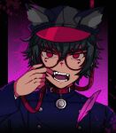  1boy animal_collar animal_ears animal_hat black_hair black_headwear blue_jacket cabbie_hat collar fake_animal_ears feathers finger_in_own_mouth glasses hat highres jacket leash long_sleeves looking_at_viewer male_focus manesoushi_ooe master_detective_archives:_rain_code mouth_pull open_mouth red-framed_eyewear red_eyes round_eyewear short_hair solo teeth upper_body zilch_alexander 