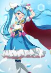 1girl ;d arm_up blue_background blue_eyes blue_hair blue_skirt blush bow cure_sky detached_sleeves diagonal_bangs feathers feet_out_of_frame fingerless_gloves floating_hair frilled_skirt frills gloves gradient_hair highres hirogaru_sky!_precure holding long_hair multicolored_hair one_eye_closed over-kneehighs pink_bow pink_hair precure puffy_short_sleeves puffy_sleeves shirt short_sleeves skirt sleeveless sleeveless_shirt smile solo sora_harewataru standing streaked_hair thigh-highs tsuyukina_fuzuki twintails very_long_hair white_gloves white_shirt white_sleeves white_thighhighs 