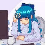  1girl aqua_hair bags_under_eyes blue_bow blunt_bangs bow coffee_mug cup endless_monday:_dreams_and_deadlines hair_bow hcnone long_hair messy_hair mug orange_eyes original penny_(hcnone) pixel_art ponytail sidelocks simple_background sitting solo sweater upper_body white_sweater 