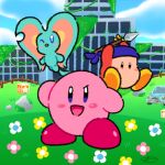  3boys bandana bandana_waddle_dee blue_bandana blue_eyes blue_sky blush_stickers car city clouds elfilin english_commentary field flower flower_field highres holding holding_polearm holding_weapon jradical2014 jumping kirby kirby_(series) kirby_and_the_forgotten_land motor_vehicle multiple_boys no_humans no_mouth one_eye_closed open_mouth polearm red_footwear rock ruins signature sky smile spear star_block weapon yellow_footwear 