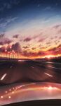  absurdres car clouds commentary_request evening guard_rail headlight highres lamppost meteor_shower motor_vehicle no_humans original outdoors pasoputi pov road scenery shadow sky solo star_(sky) starry_sky sunset 