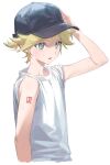  1boy aqua_eyes arm_tattoo baseball_cap blonde_hair blush cropped_torso hair_between_eyes hand_on_headwear hat highres kagamine_len looking_at_viewer male_focus naoko_(naonocoto) parted_lips ponytail shirt short_ponytail simple_background sleeves_rolled_up solo spiky_hair sweat tattoo upper_body vocaloid white_background white_shirt 