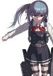  1girl absurdres adapted_turret belt black_dress black_ribbon blush brown_eyes buttons cannon collared_shirt dress grey_hair hair_ribbon highres kantai_collection karasuma_kuraha kasumi_(kancolle) kasumi_kai_ni_(kancolle) long_hair long_sleeves looking_at_viewer machinery military_uniform naval_uniform neck_ribbon pinafore_dress red_ribbon ribbon searchlight shirt side_ponytail sleeveless sleeveless_dress solo torpedo_launcher torpedo_tubes uniform white_background white_shirt 