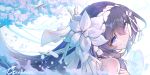  1girl bare_shoulders black_hair blue_eyes caisena closed_mouth dress falling_petals flower hair_flower hair_ornament highres honkai_(series) honkai_impact_3rd long_hair multicolored_hair petals seele_vollerei seele_vollerei_(herrscher_of_rebirth) simple_background smile solo very_long_hair white_dress 