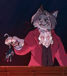  1boy ace_attorney animal animal_ears animal_nose animalization ascot body_fur cat_boy cat_ears claws commentary english_commentary faintsuns furrification furry furry_male grey_fur grey_hair holding holding_animal jacket long_sleeves looking_at_animal male_focus miles_edgeworth mouse necktie open_mouth phoenix_wright red_jacket short_hair smile snout suit upper_body 